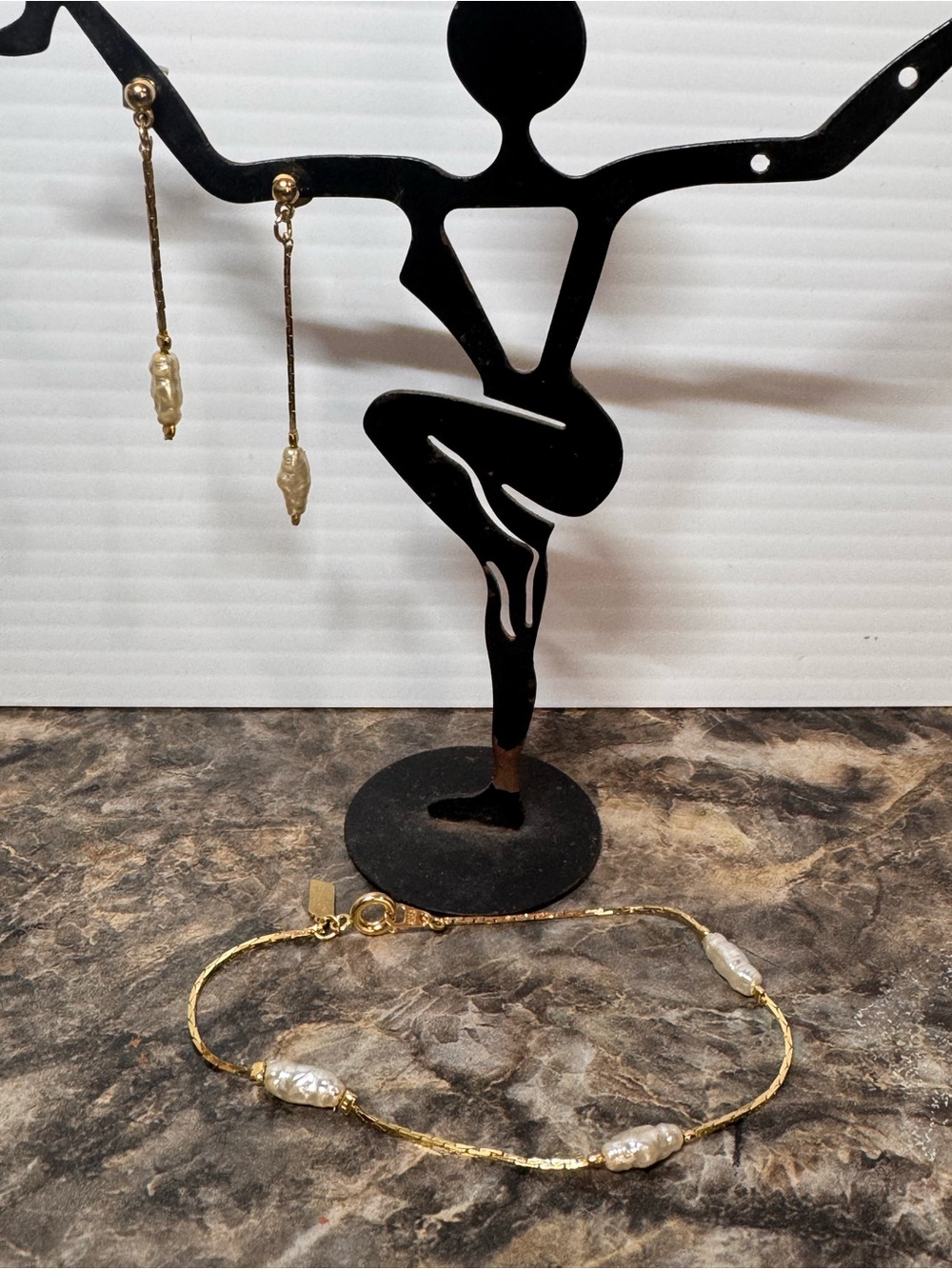 Gold Plated Faux Pearl Bracelet with Matching Drop Faux Pearl Earrings